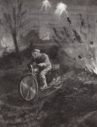 Lance-Corporal C C Parrott carrying messages on his motor-bicycle along roads swept by shellfire, World War I by H. Ripperger